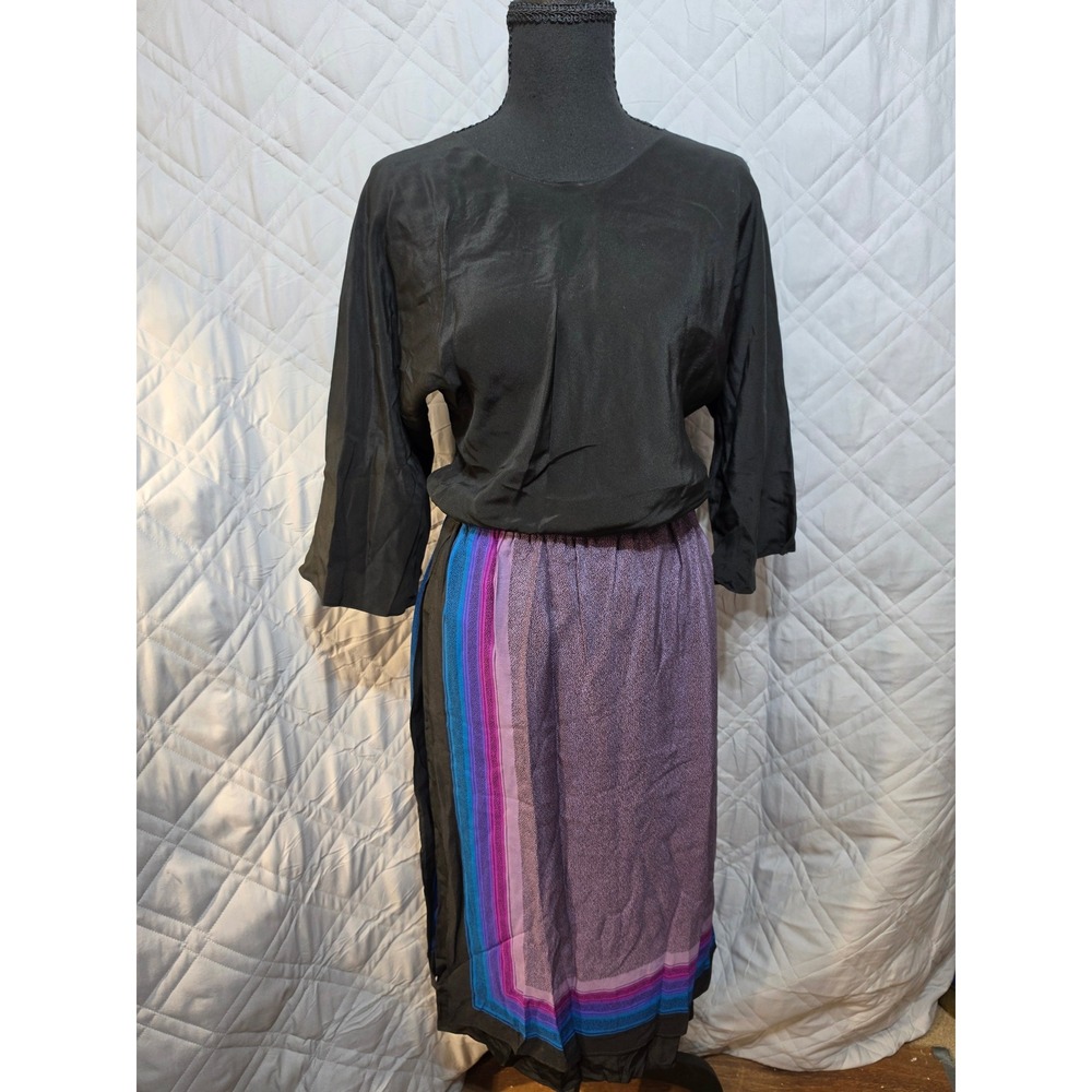 Don Wolf Vintage 2 Piece Silk Top and Skirt Set Black Purple Print READ
